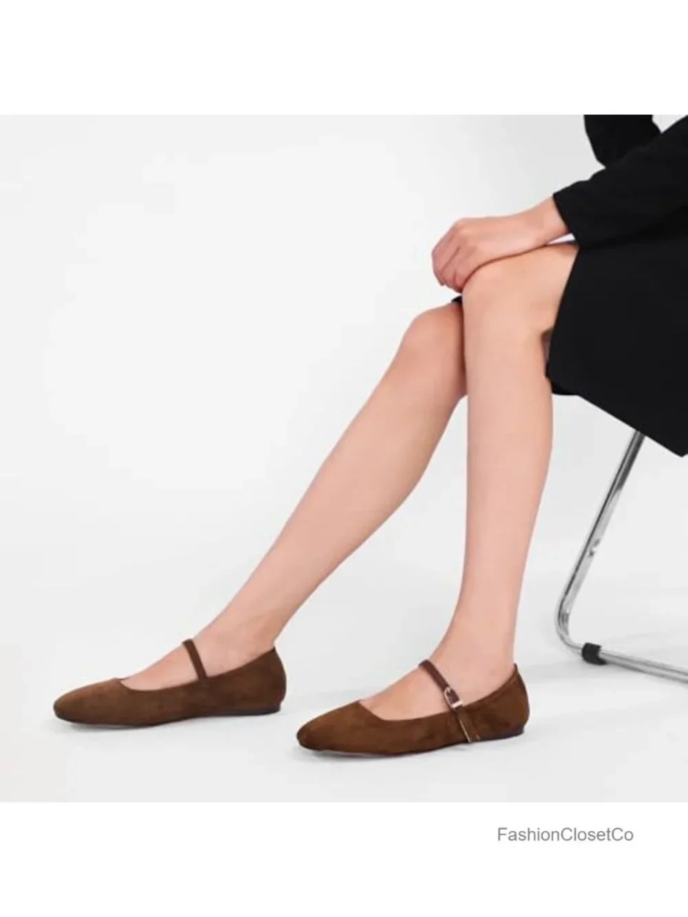 Women's Suede Square Toe Ballet Flats with Ankle Buckle Strap